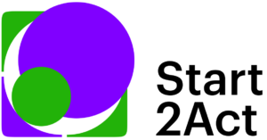 Neben einem Logo aus grünen und gelben Elementen steht in schwarzer Schrift: "Start2Act"